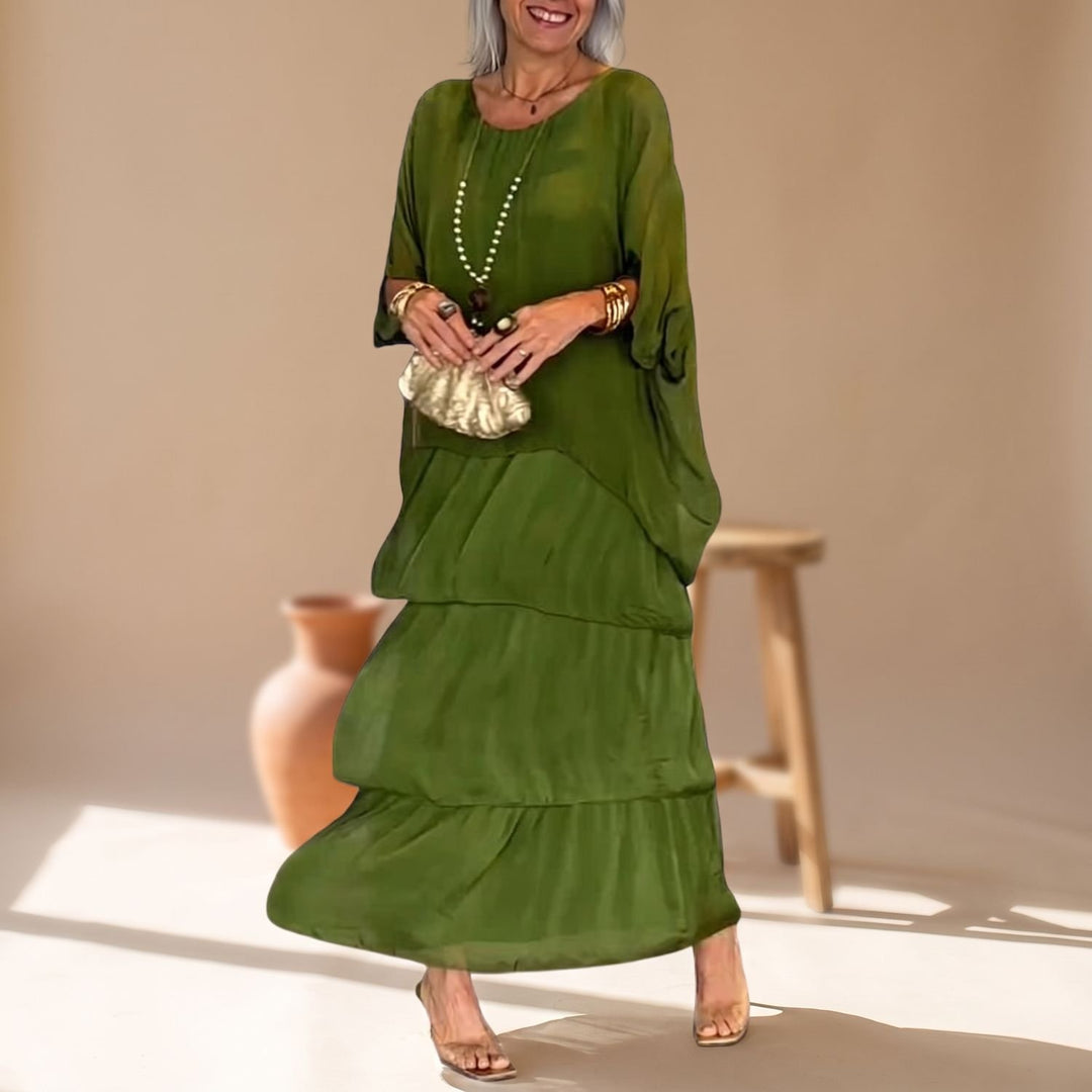 Women's Loose-Fit Tiered Chiffon Maxi Dress Round Neck 3/4 Sleeve - Green
