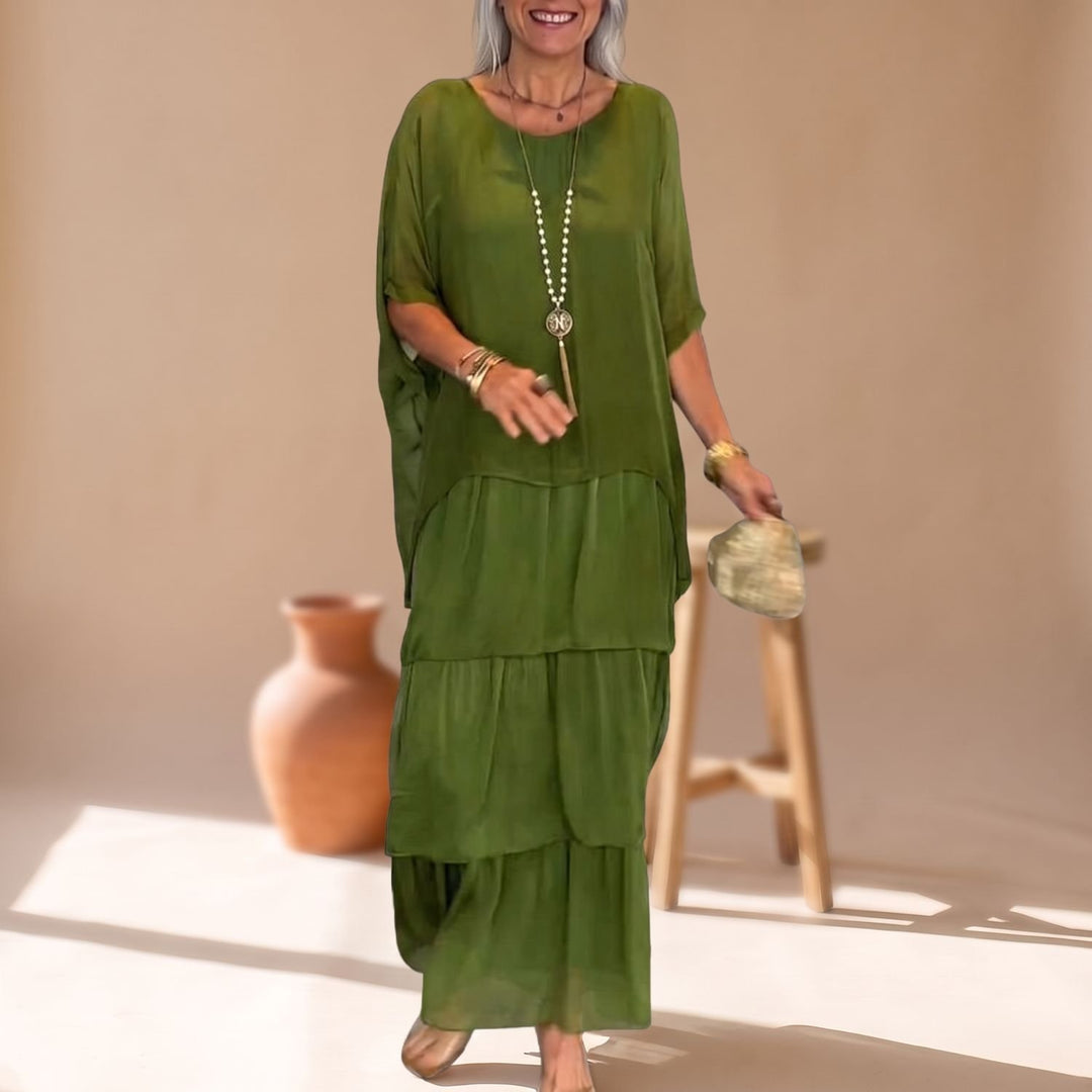 Women's Loose-Fit Tiered Chiffon Maxi Dress Round Neck 3/4 Sleeve