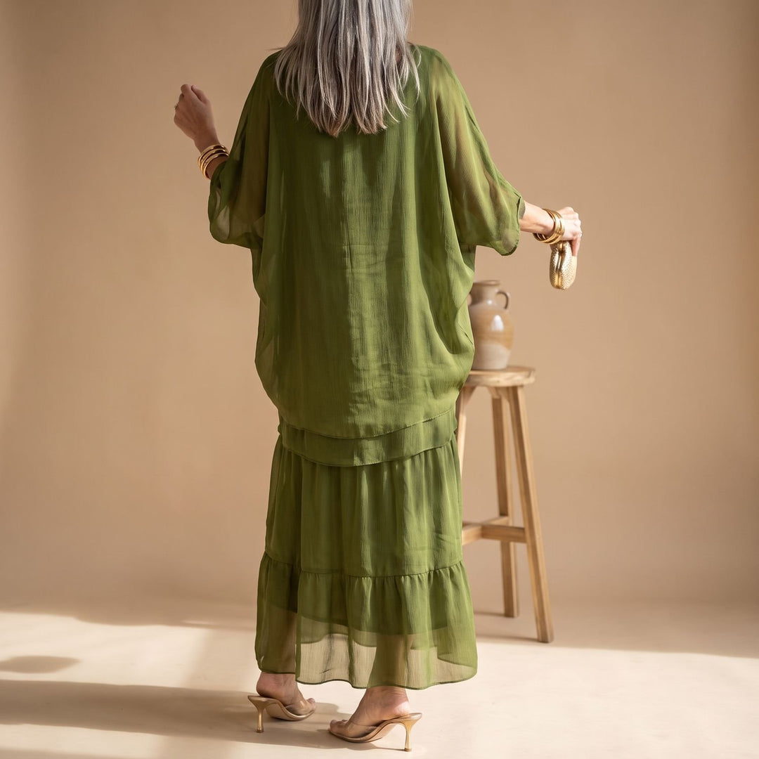 Women's Loose-Fit Tiered Chiffon Maxi Dress Round Neck 3/4 Sleeve