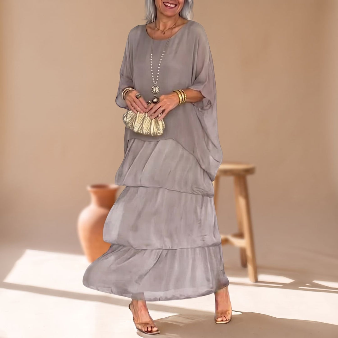 Women's Loose-Fit Tiered Chiffon Maxi Dress Round Neck 3/4 Sleeve - Gray