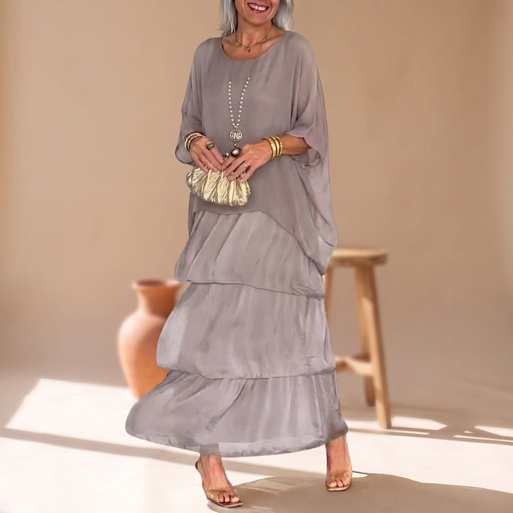 Women's Loose-Fit Tiered Chiffon Maxi Dress Round Neck 3/4 Sleeve - Gray