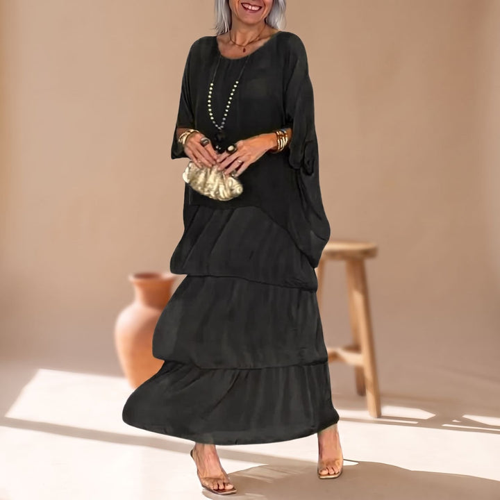 Women's Loose-Fit Tiered Chiffon Maxi Dress Round Neck 3/4 Sleeve - Black