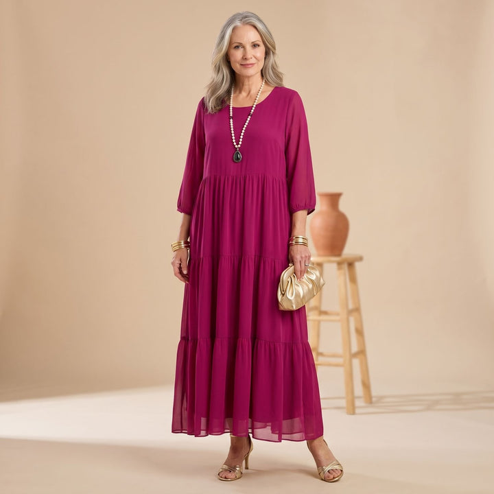 Women's Loose-Fit Tiered Chiffon Maxi Dress Round Neck 3/4 Sleeve - Pink