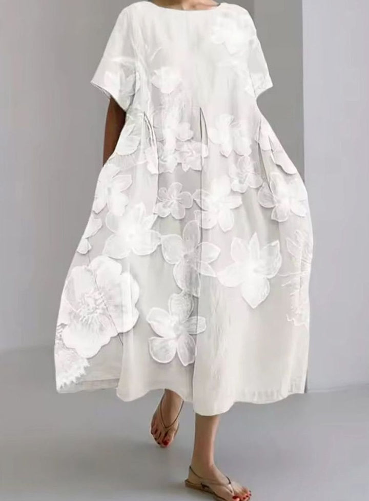 Women's Loose Floral Appliqué Round Neck Maxi Dress - White Floral