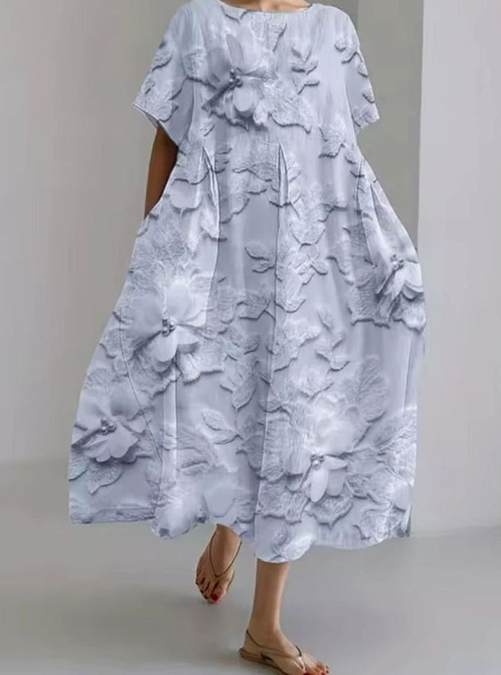 Women's Loose Floral Appliqué Round Neck Maxi Dress - Light Blue