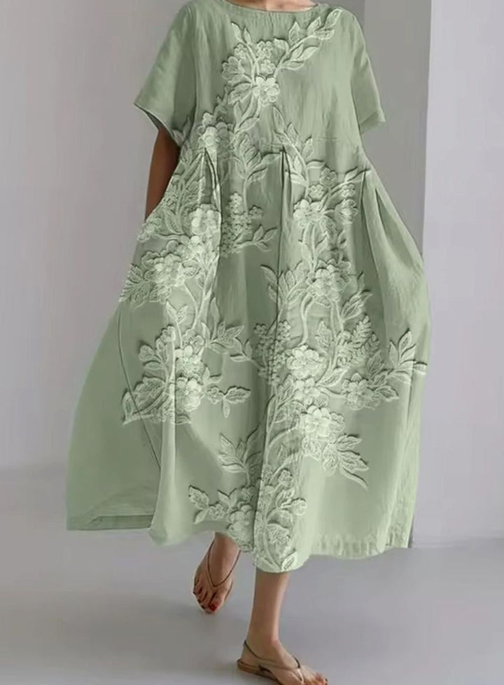 Women's Loose Floral Appliqué Round Neck Maxi Dress - Floral Green