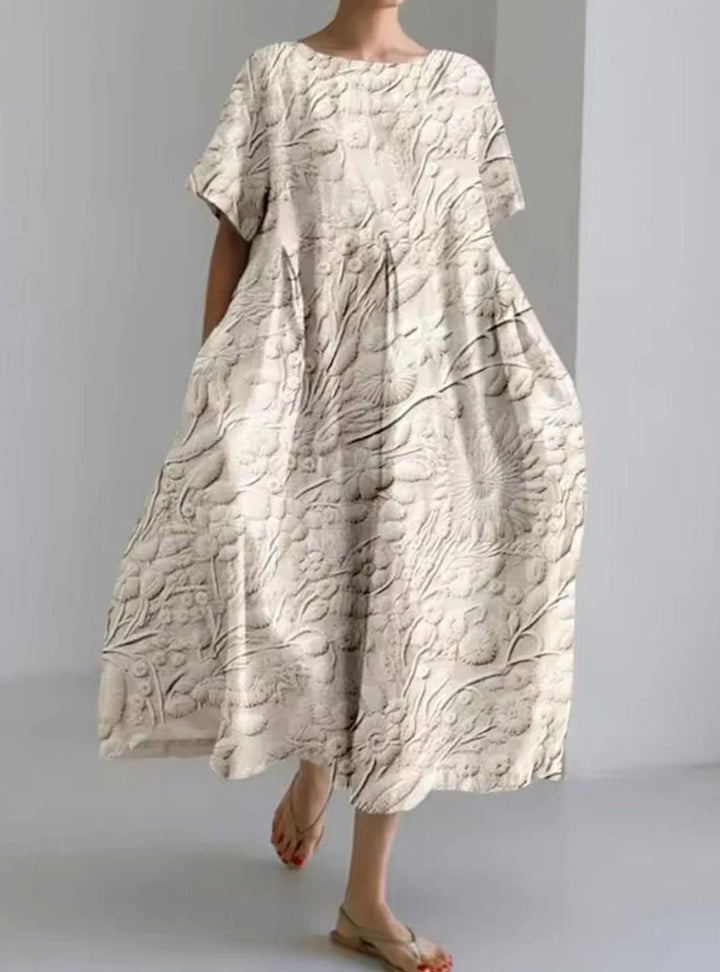 Women's Loose Floral Appliqué Round Neck Maxi Dress - Floral Beige