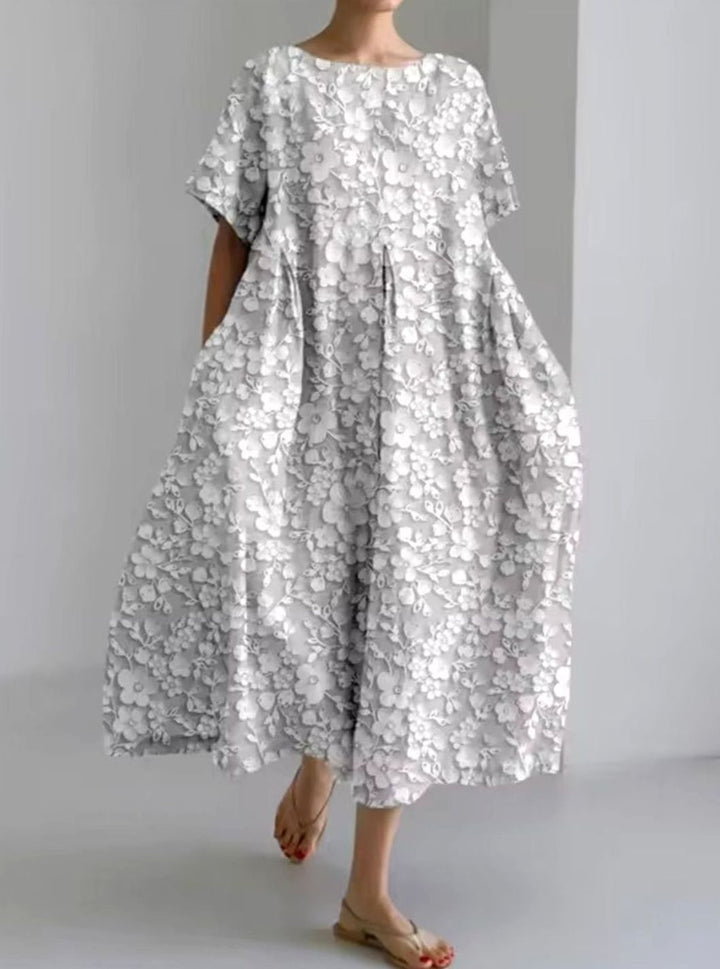 Women's Loose Floral Appliqué Round Neck Maxi Dress - Floral Dark Gray