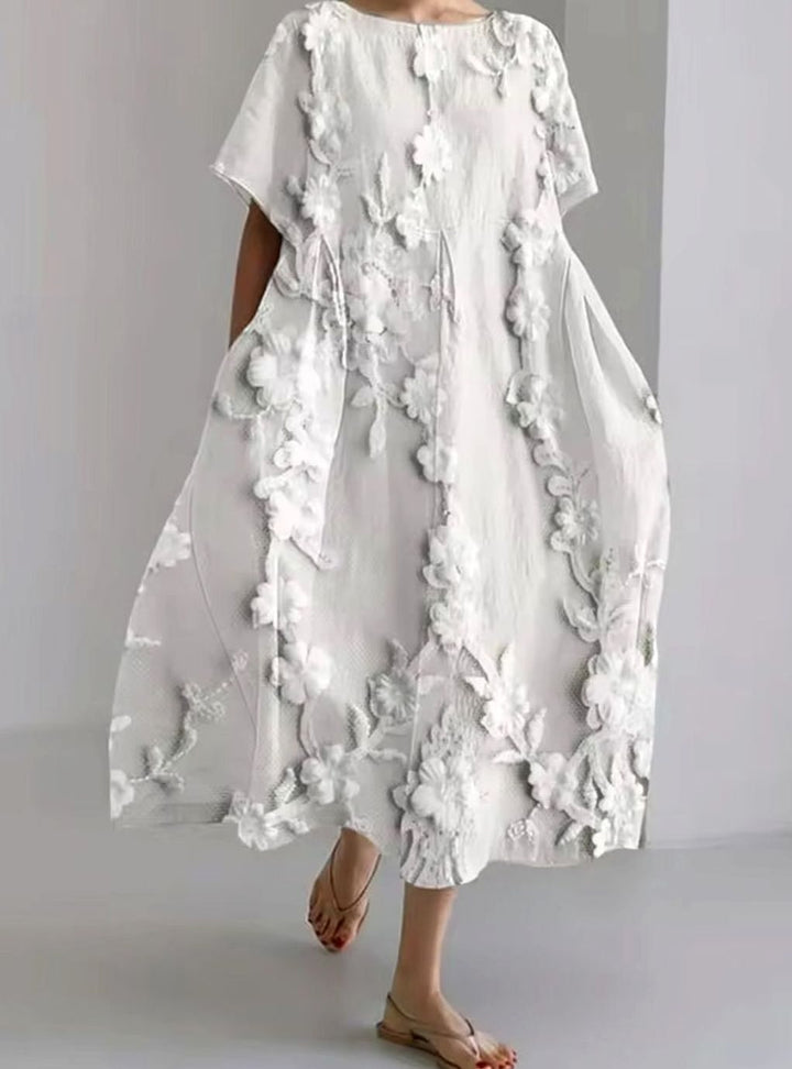 Women's Loose Floral Appliqué Round Neck Maxi Dress - Big Floral White