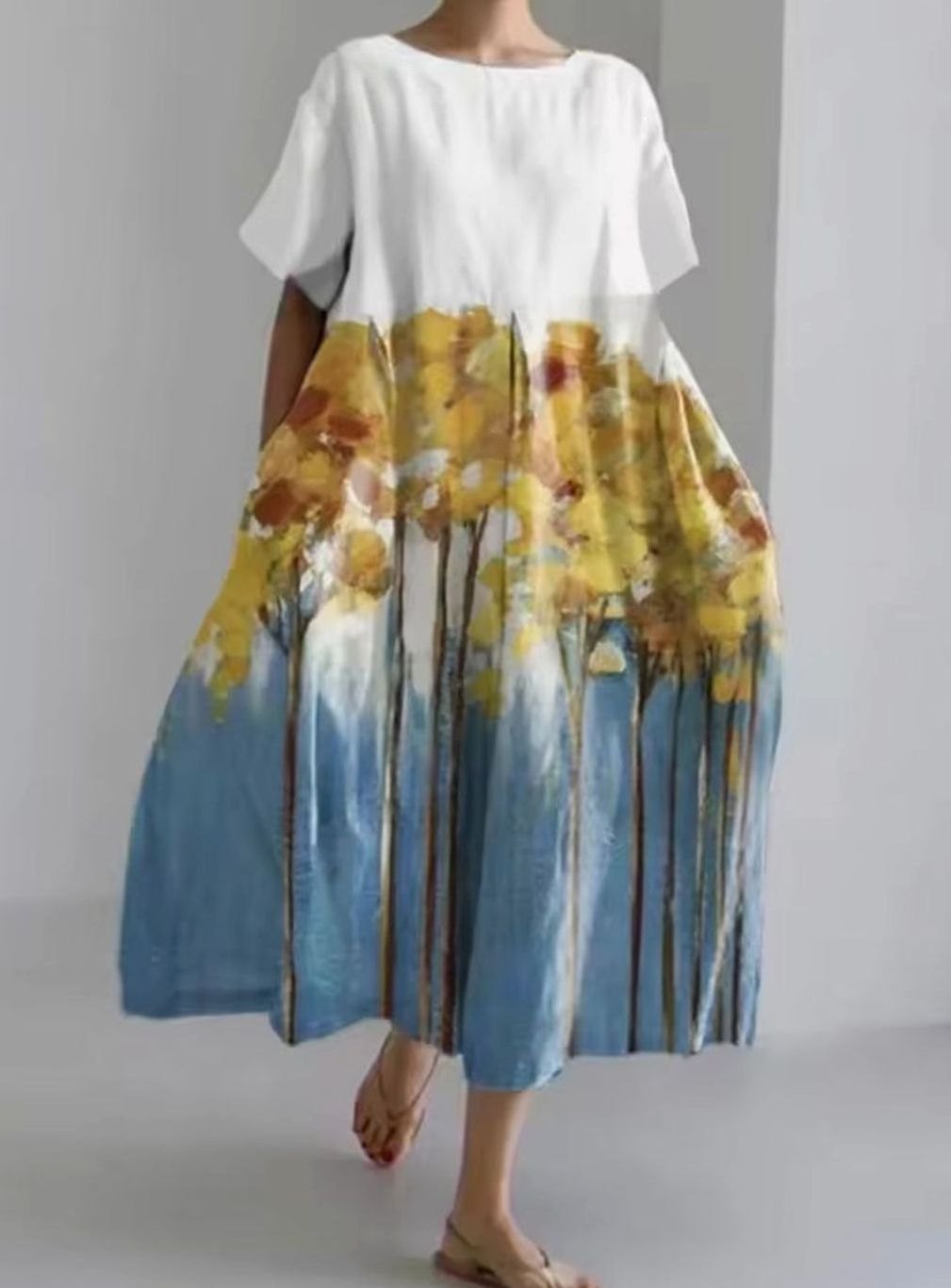 Women's Loose Floral Appliqué Round Neck Maxi Dress - Multicolor 1