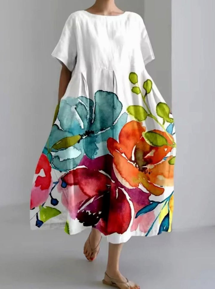 Women's Loose Floral Appliqué Round Neck Maxi Dress - Multicolor 2