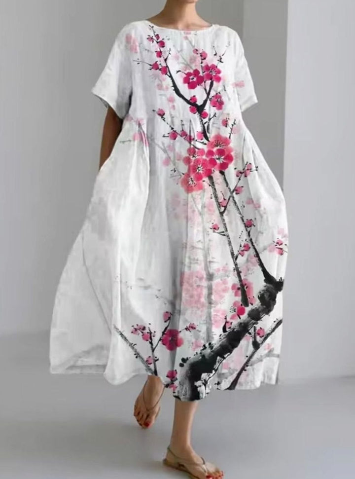 Women's Loose Floral Appliqué Round Neck Maxi Dress - White Pink