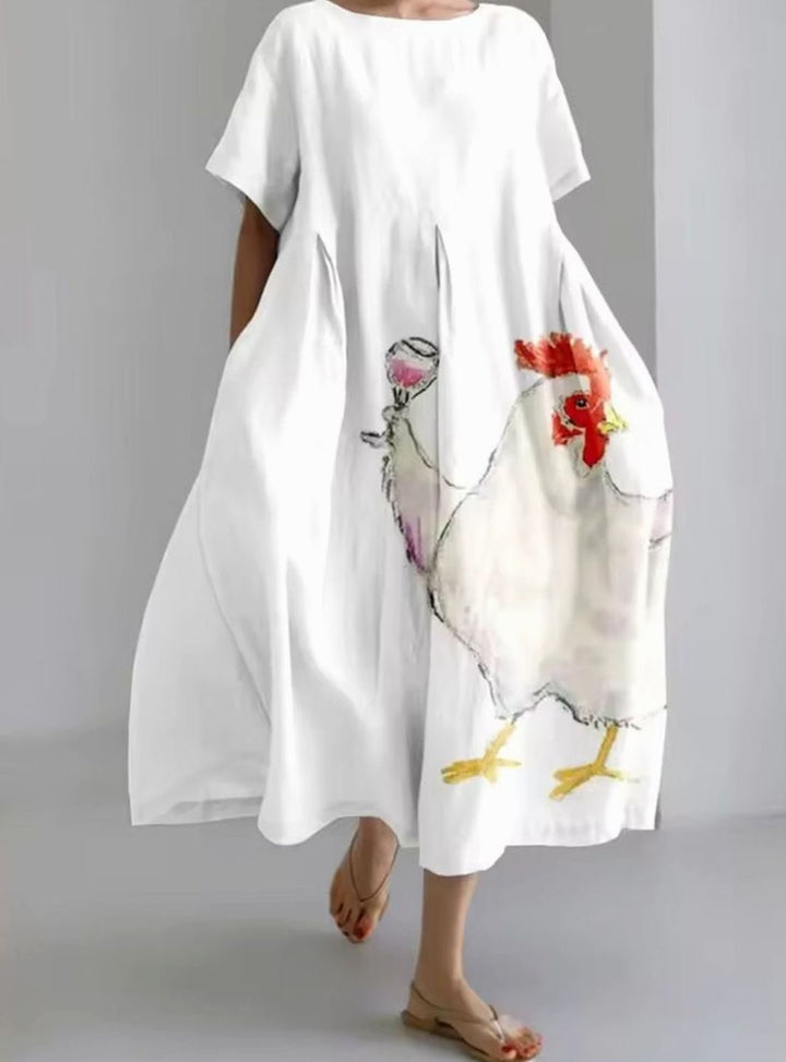 Women's Loose Floral Appliqué Round Neck Maxi Dress - Printed White