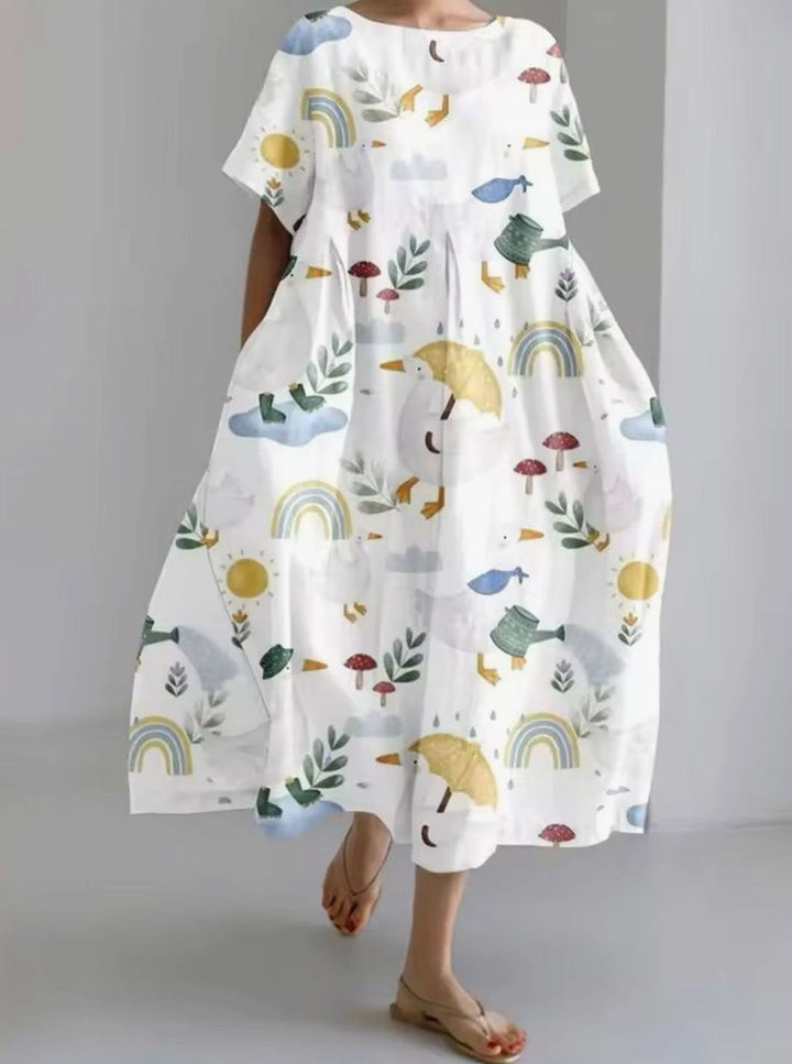 Women's Loose Floral Appliqué Round Neck Maxi Dress - Multi Print
