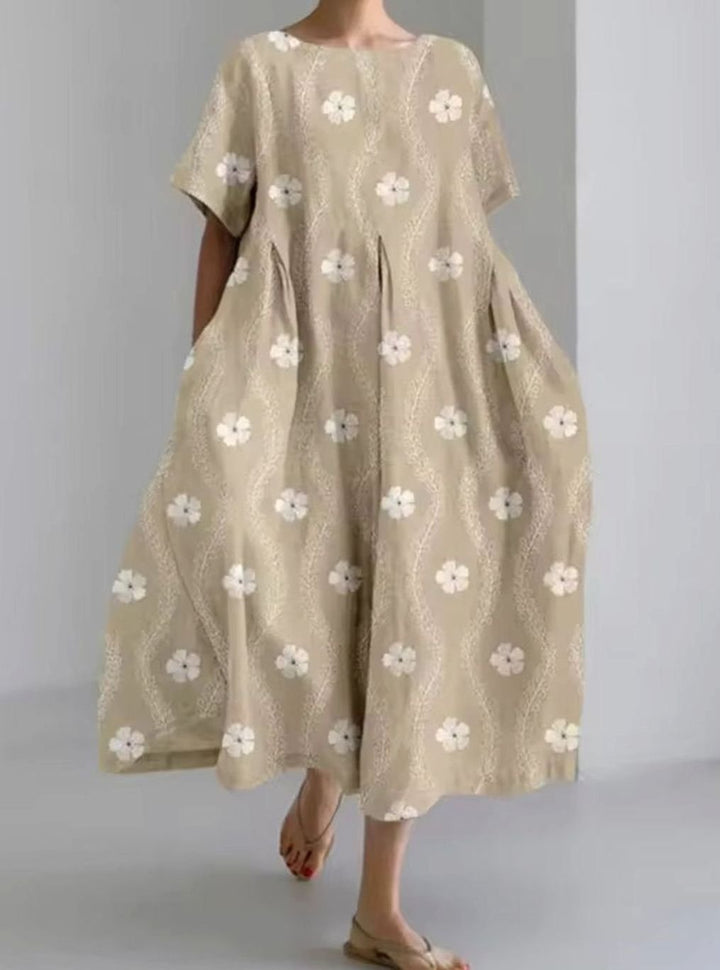 Women's Loose Floral Appliqué Round Neck Maxi Dress - Floral Brown