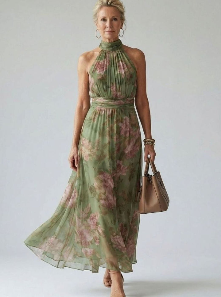 Women's Luxe Gathered Halter Midi Floral Chiffon Dress - Sage Green