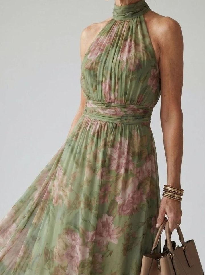 Women's Luxe Gathered Halter Midi Floral Chiffon Dress