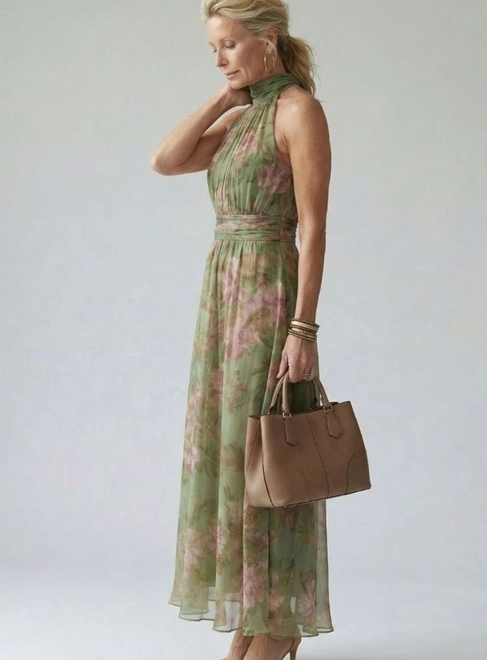 Women's Luxe Gathered Halter Midi Floral Chiffon Dress