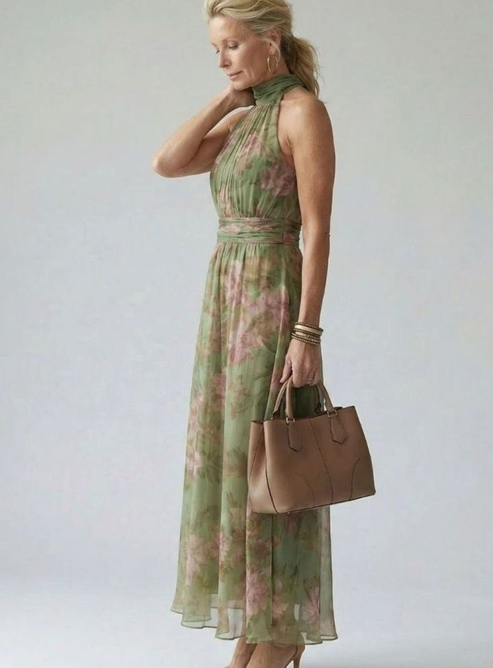 Women's Luxe Gathered Halter Midi Floral Chiffon Dress