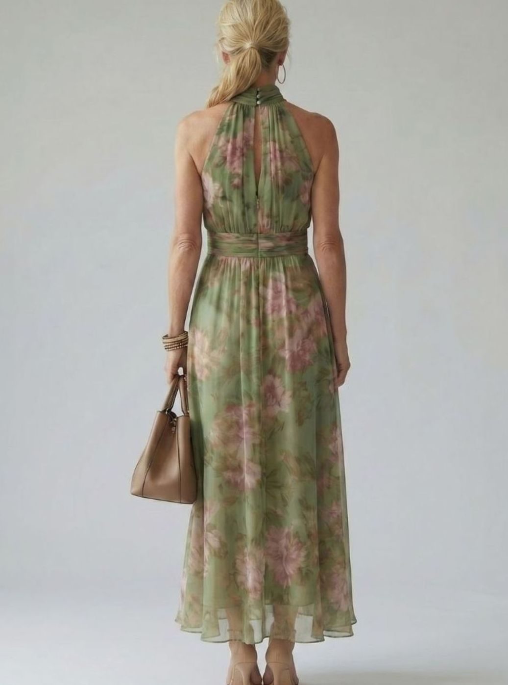 Women's Luxe Gathered Halter Midi Floral Chiffon Dress