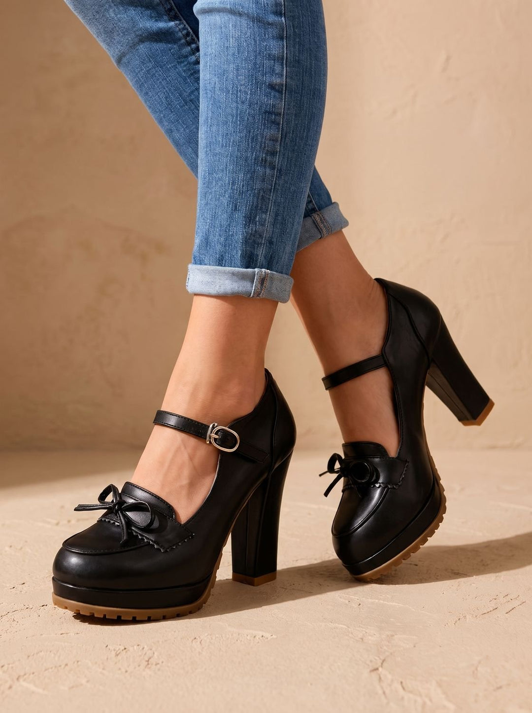 Women's Mary Jane Platform Block-Heel Bow Pumps