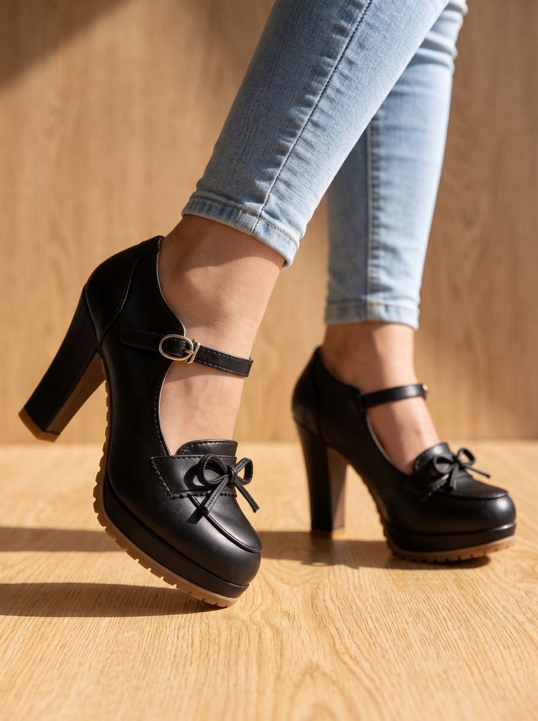 Women's Mary Jane Platform Block-Heel Bow Pumps - Black