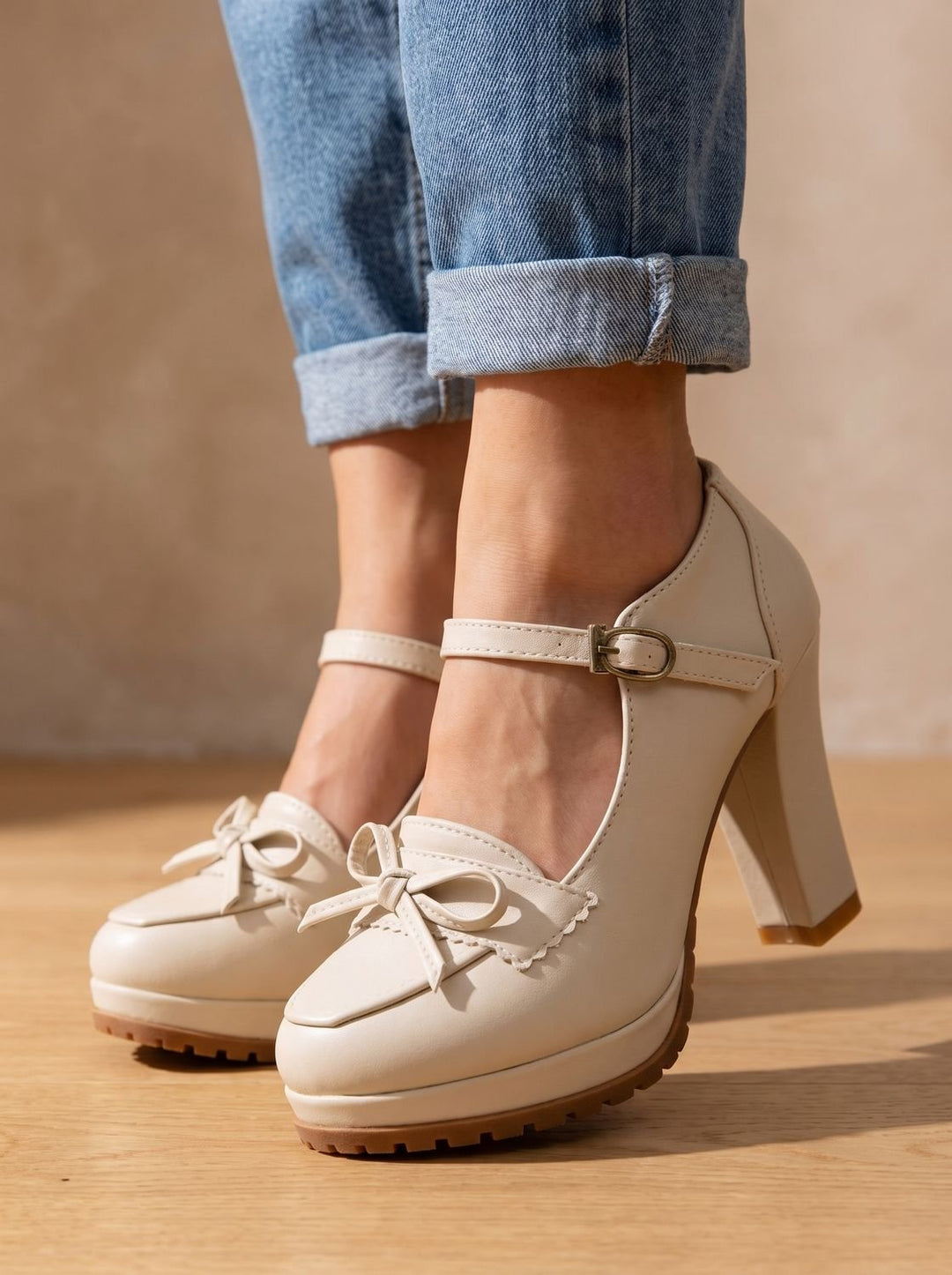 Women's Mary Jane Platform Block-Heel Bow Pumps - Cream