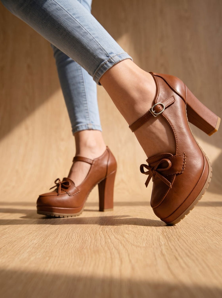 Women's Mary Jane Platform Block-Heel Bow Pumps - Brown
