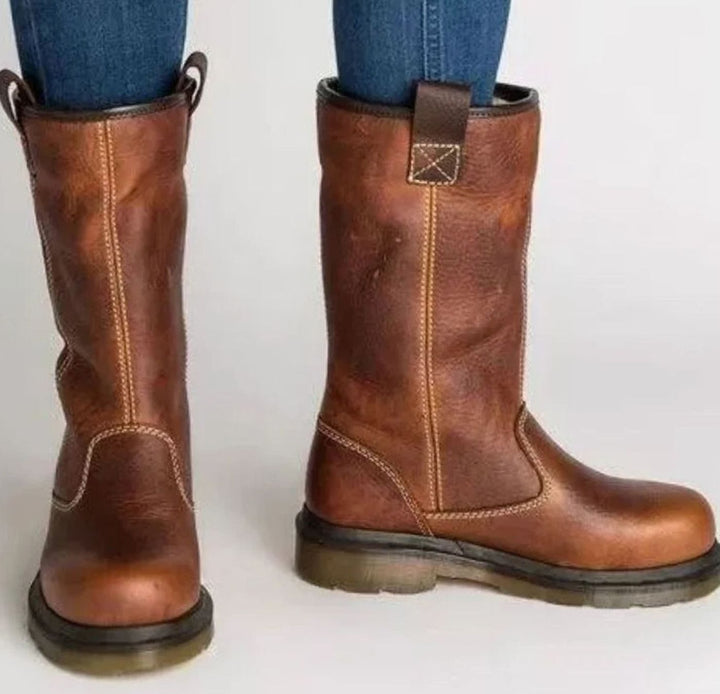 Women's Mid-Calf Round-Toe Lined Pull-On Leather Boots - Brown