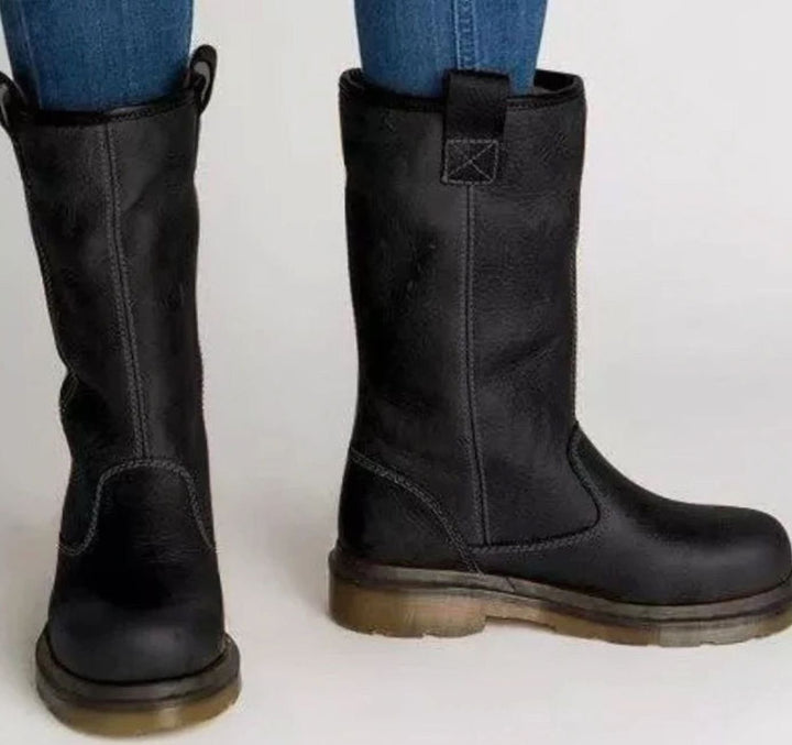 Women's Mid-Calf Round-Toe Lined Pull-On Leather Boots - Black