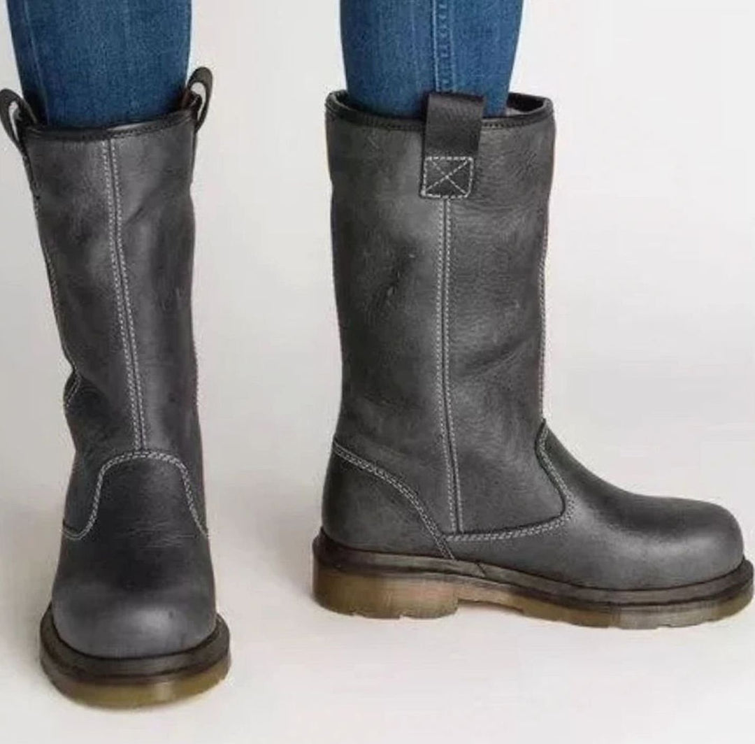 Women's Mid-Calf Round-Toe Lined Pull-On Leather Boots - Grey