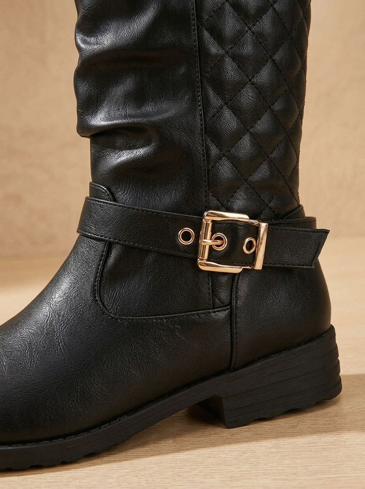 Women's Mid-Calf Slouch Boots Buckle Detail Low Block Heel