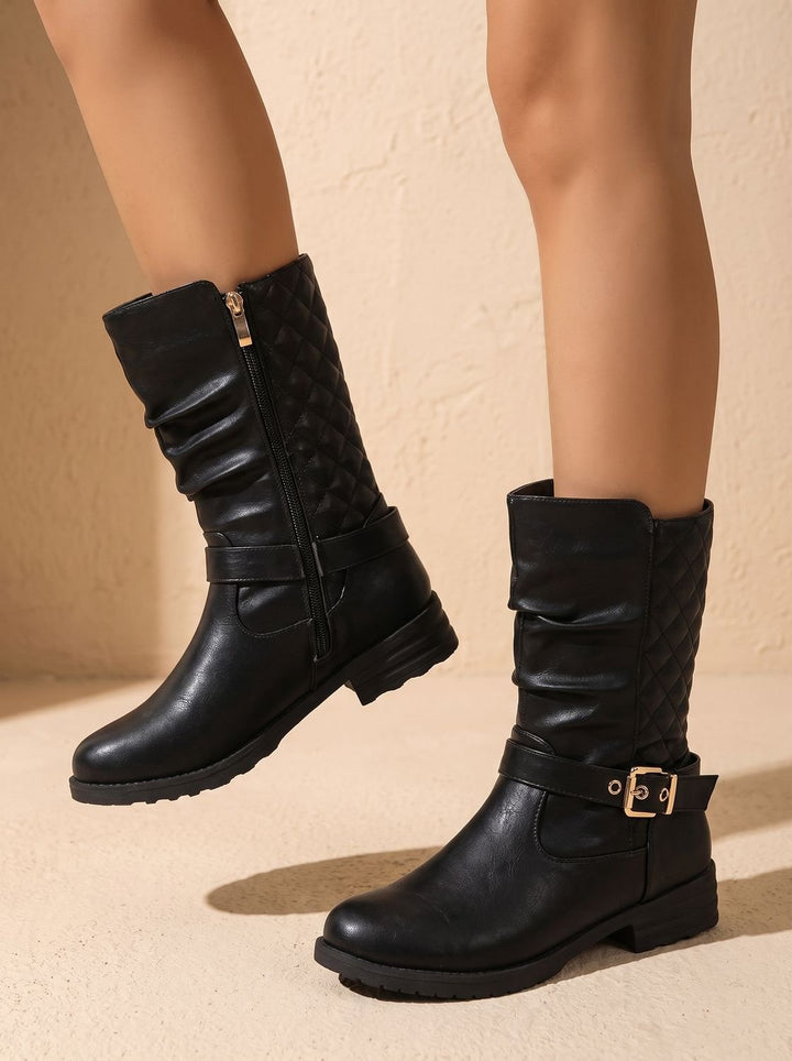Women's Mid-Calf Slouch Boots Buckle Detail Low Block Heel