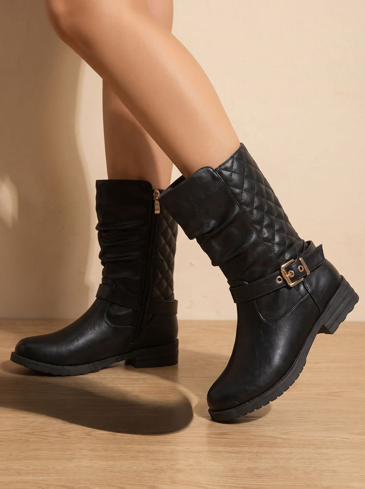 Women's Mid-Calf Slouch Boots Buckle Detail Low Block Heel