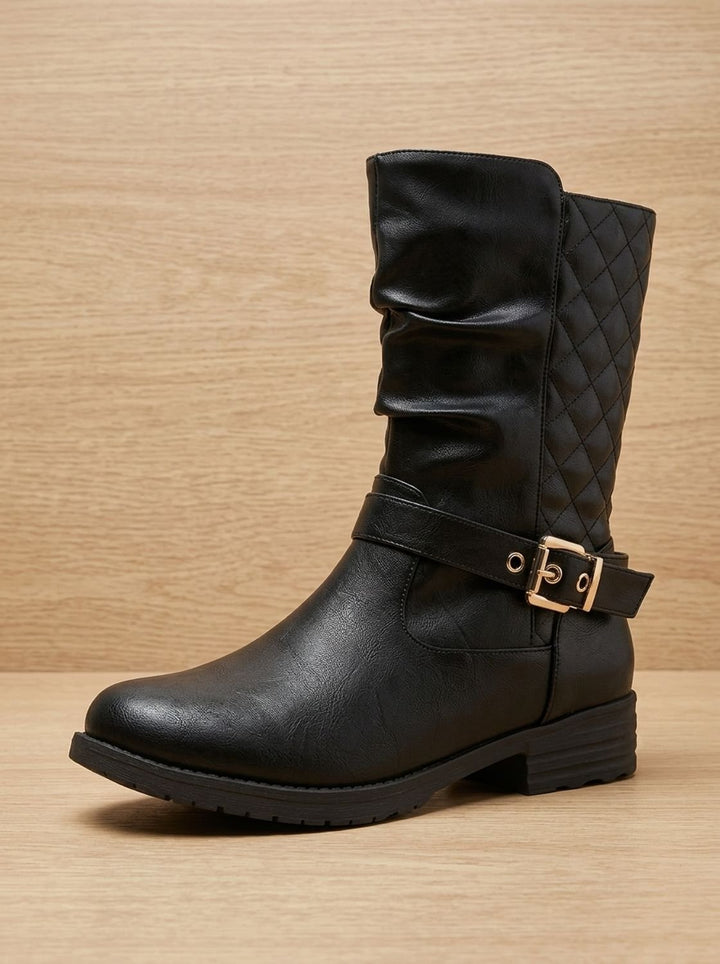 Women's Mid-Calf Slouch Boots Buckle Detail Low Block Heel