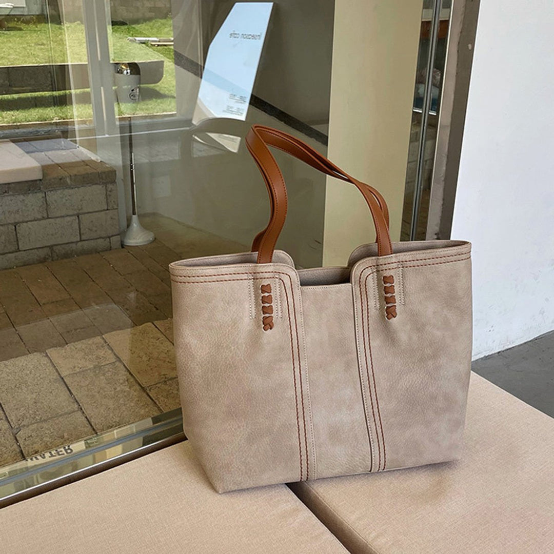Women's Minimalist Faux Leather Large Tote Bag - Khaki