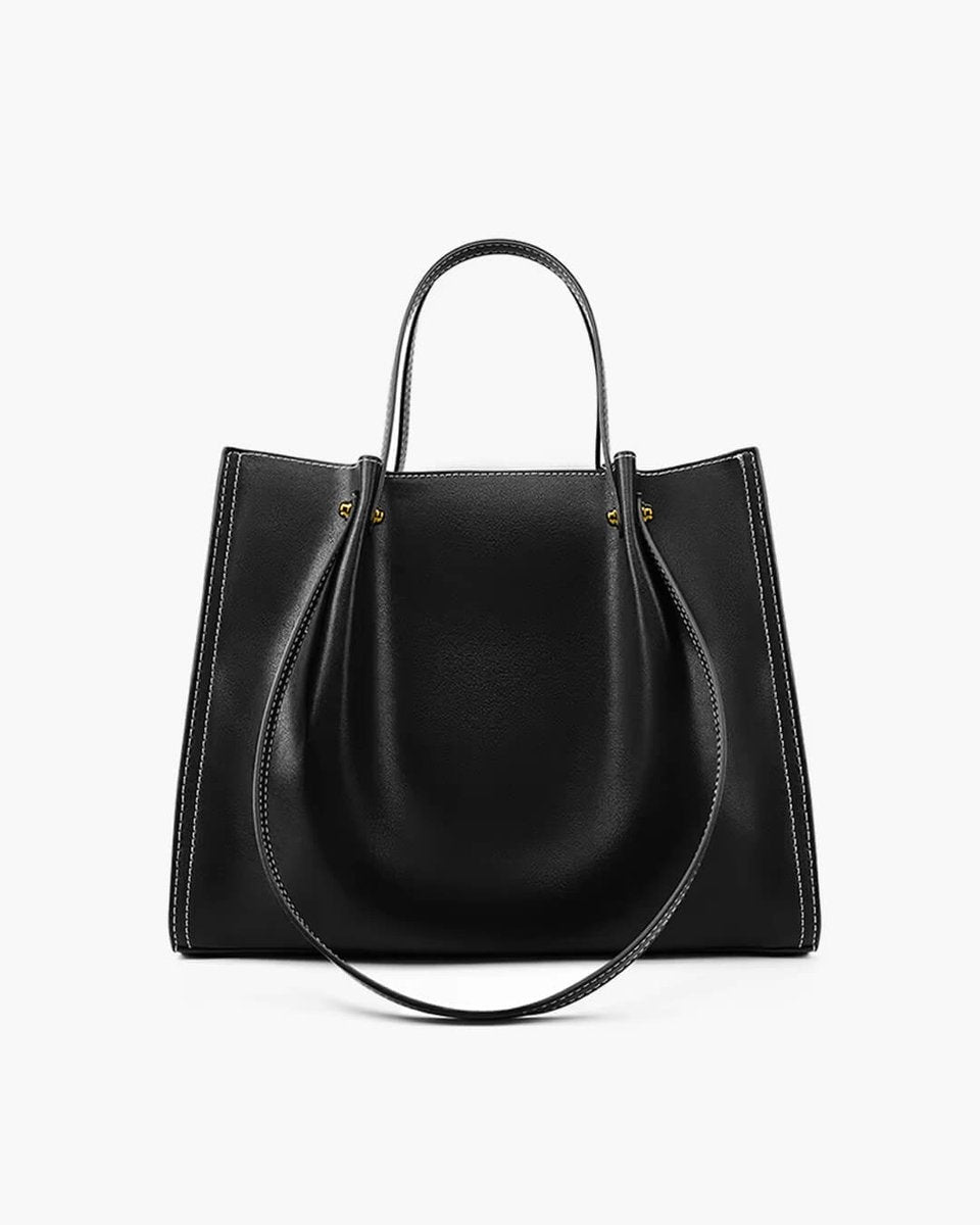 Women's Minimalist Vegan Leather Contrast-Stitch Tote Bag - Black