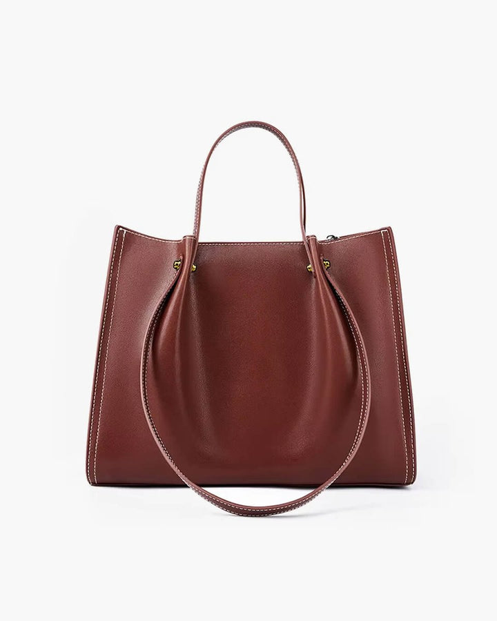 Women's Minimalist Vegan Leather Contrast-Stitch Tote Bag - Brown