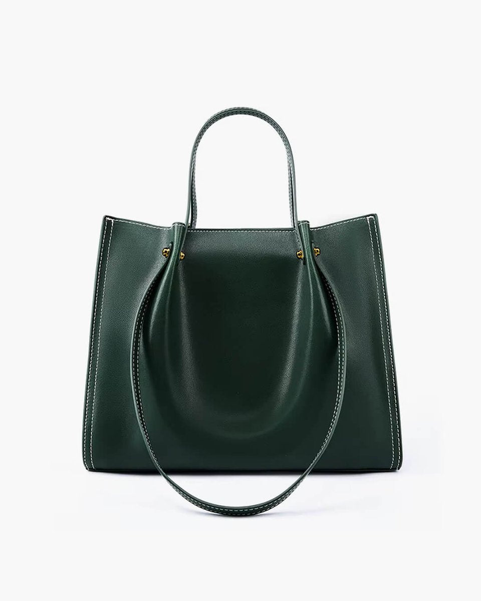 Women's Minimalist Vegan Leather Contrast-Stitch Tote Bag - Green