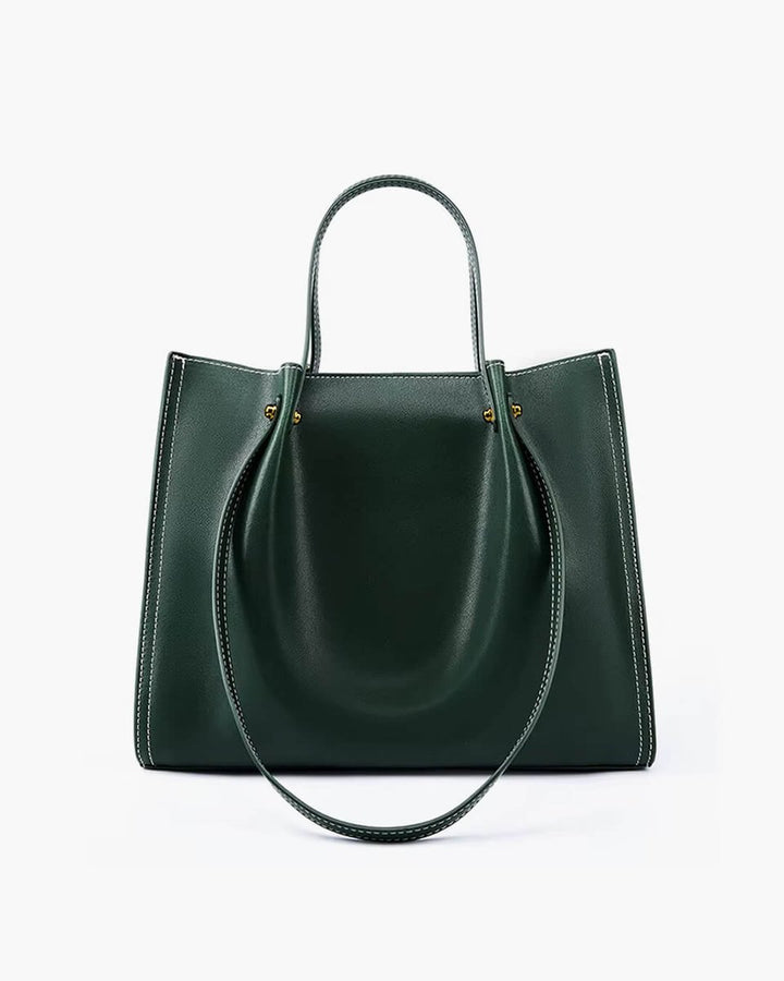 Women's Minimalist Vegan Leather Contrast-Stitch Tote Bag - Green