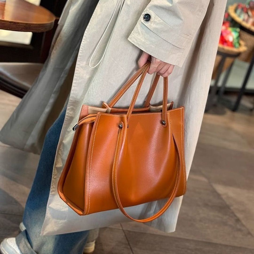 Women's Minimalist Vegan Leather Contrast-Stitch Tote Bag - Sunset Yellow