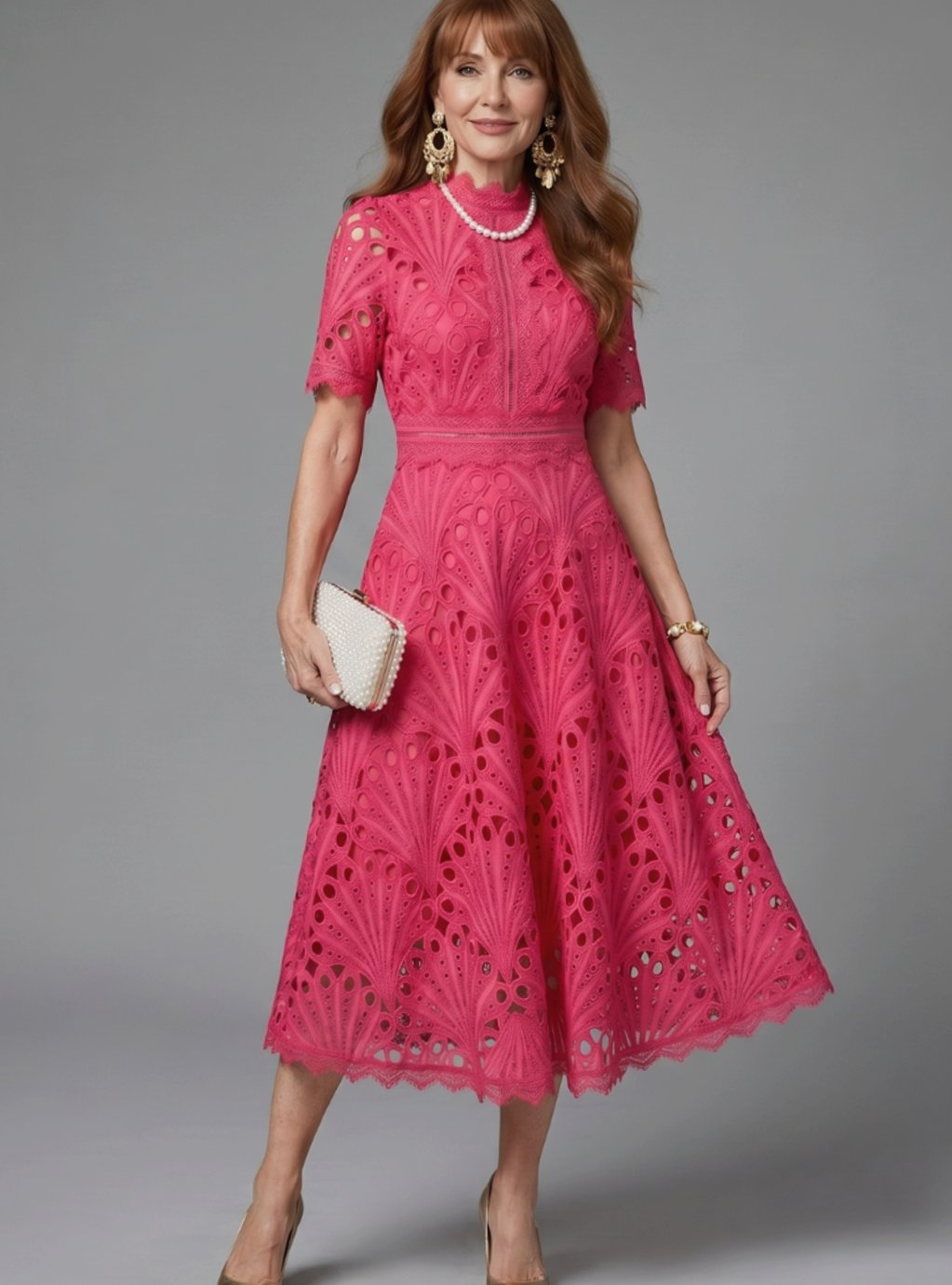 Women's Mock-Neck Short-Sleeve Eyelet Lace Midi Cocktail Dress - Pink