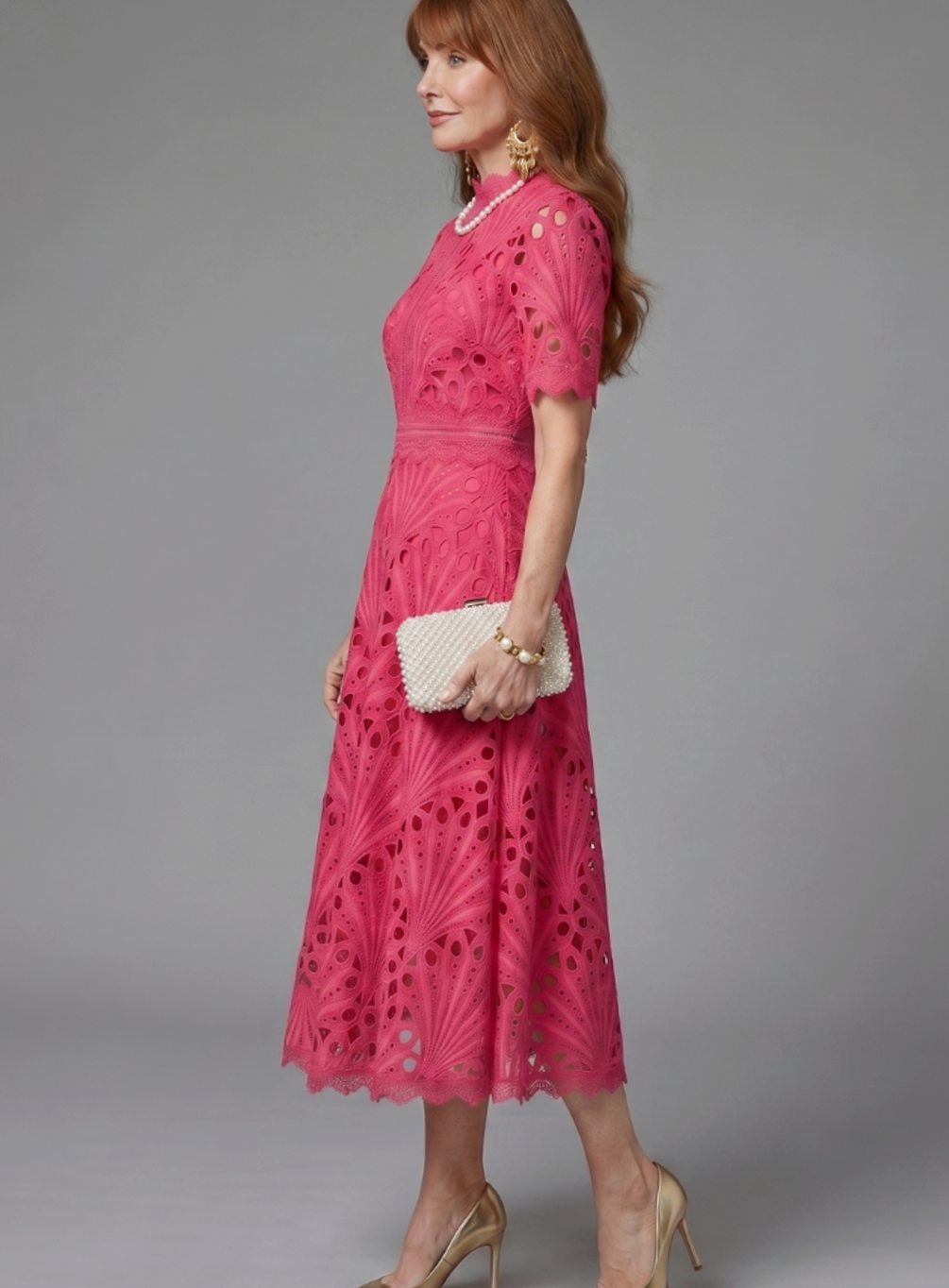 Women's Mock-Neck Short-Sleeve Eyelet Lace Midi Cocktail Dress
