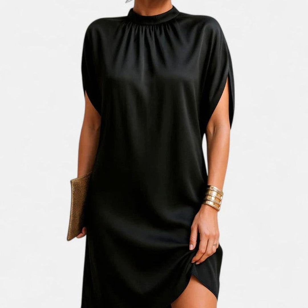 Women's Mock-Neck Split-Sleeve Figure Flattering Satin Dress - Black