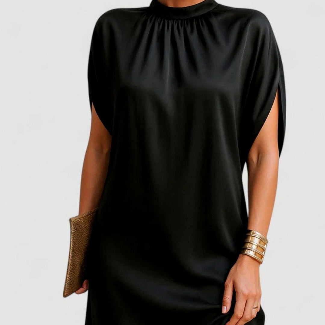 Women's Mock-Neck Split-Sleeve Figure Flattering Satin Dress