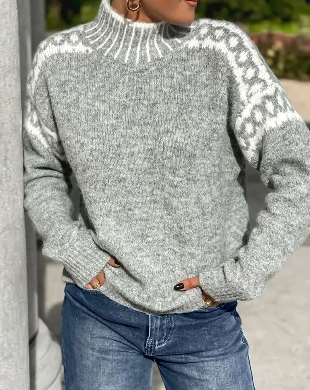 Women's Mock Neck Sweater Leopard Print Yoke Relaxed Knit Pullover - Gray
