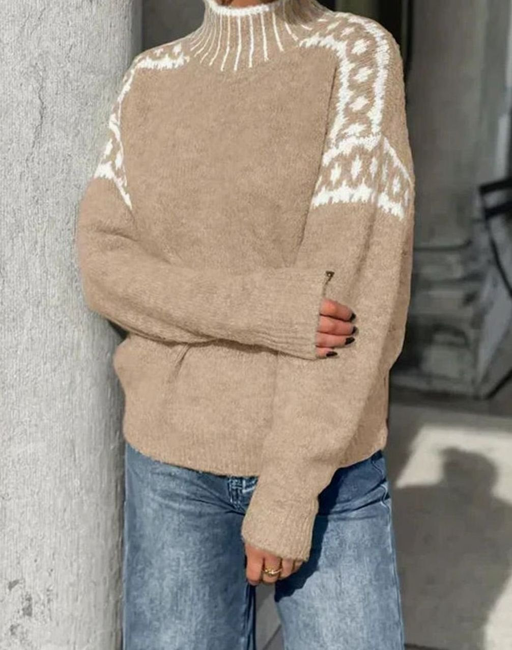 Women's Mock Neck Sweater Leopard Print Yoke Relaxed Knit Pullover