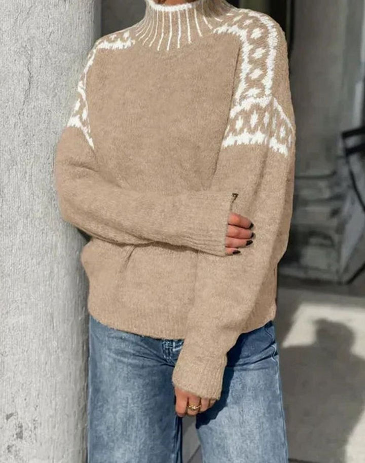 Women's Mock Neck Sweater Leopard Print Yoke Relaxed Knit Pullover