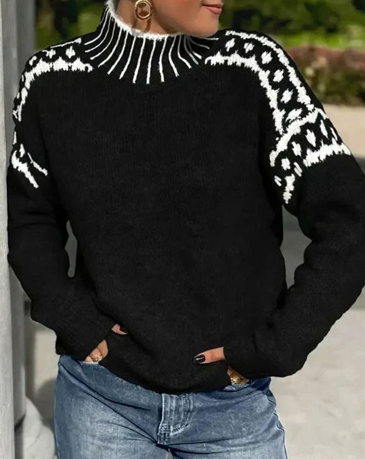 Women's Mock Neck Sweater Leopard Print Yoke Relaxed Knit Pullover - Black