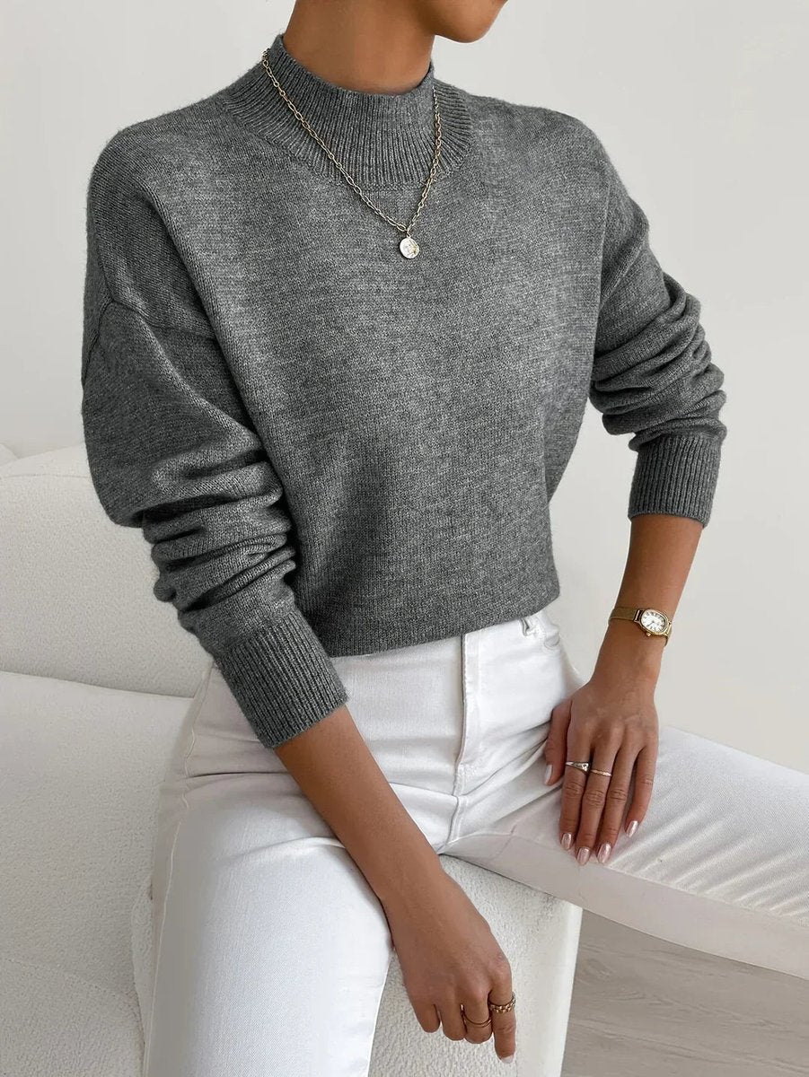 Women's Mock Turtleneck Relaxed-Fit Long Sleeve Sweater - Dark Grey
